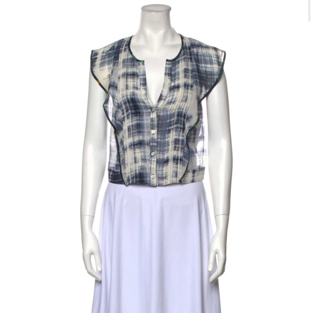Marissa Webb Blue Plaid, Tie-dyed Silk Blouse, Crop Top.